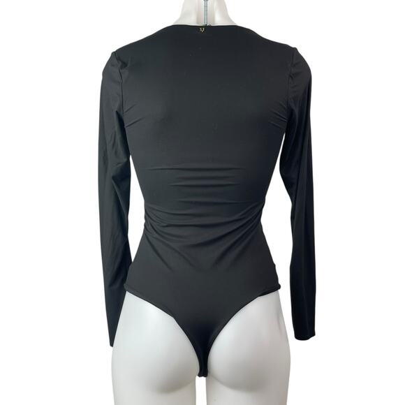 Victoria's Secret Black Deep V-Neck Long Sleeve Fitted One Piece Bodysuit Top S - Picture 2 of 5